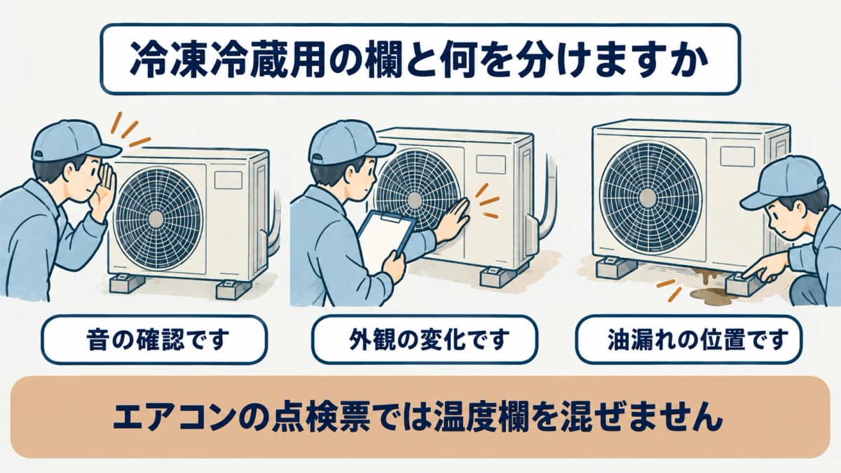 音と外観と油漏れを順に確認するイラスト