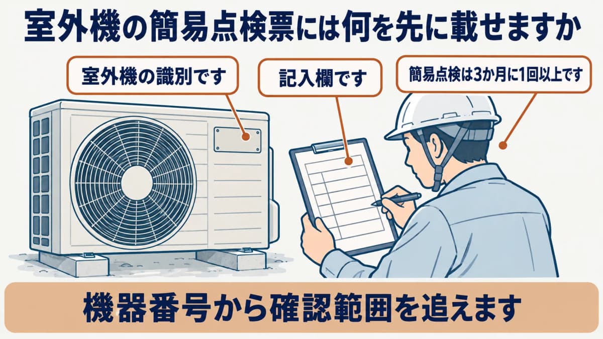 室外機と点検票を照合する担当者のイラスト