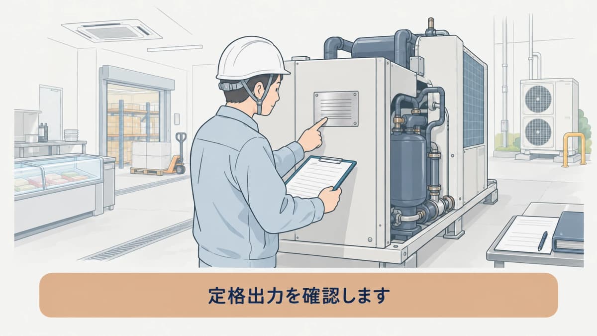 チラーの銘板で圧縮機定格出力を確認する図