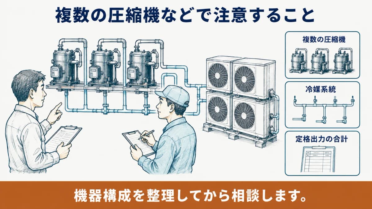 複数の圧縮機と冷媒配管を確認して点検区分を考える図