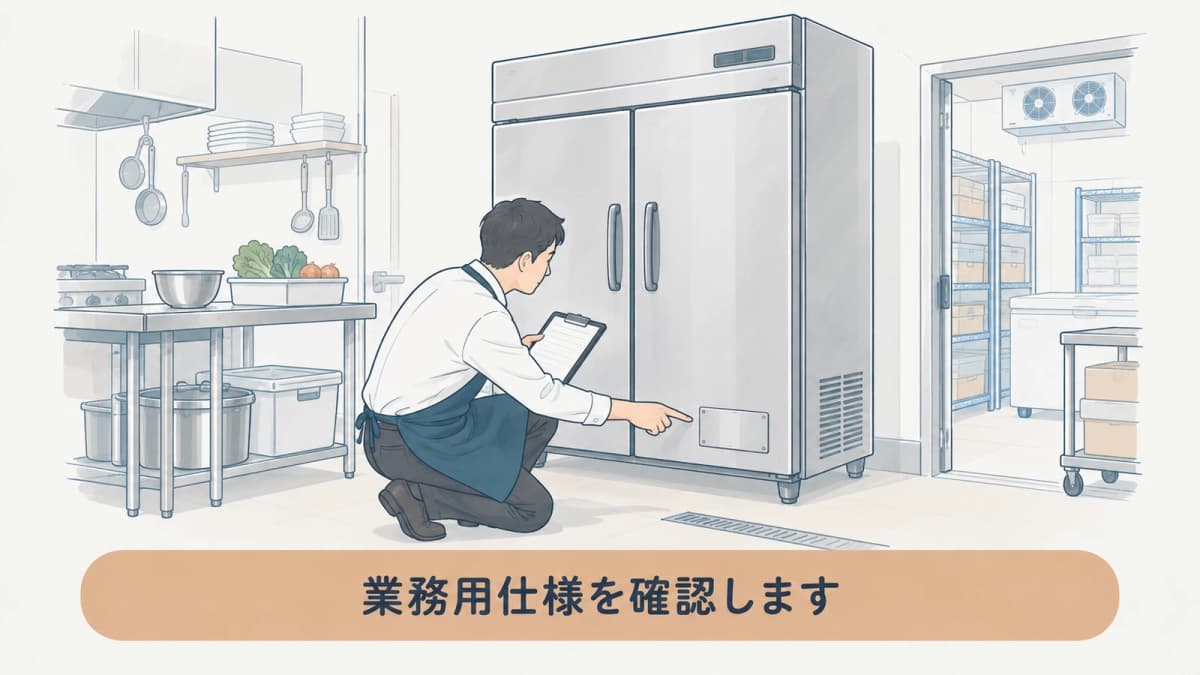 飲食店の厨房にある業務用冷凍庫と銘板の図