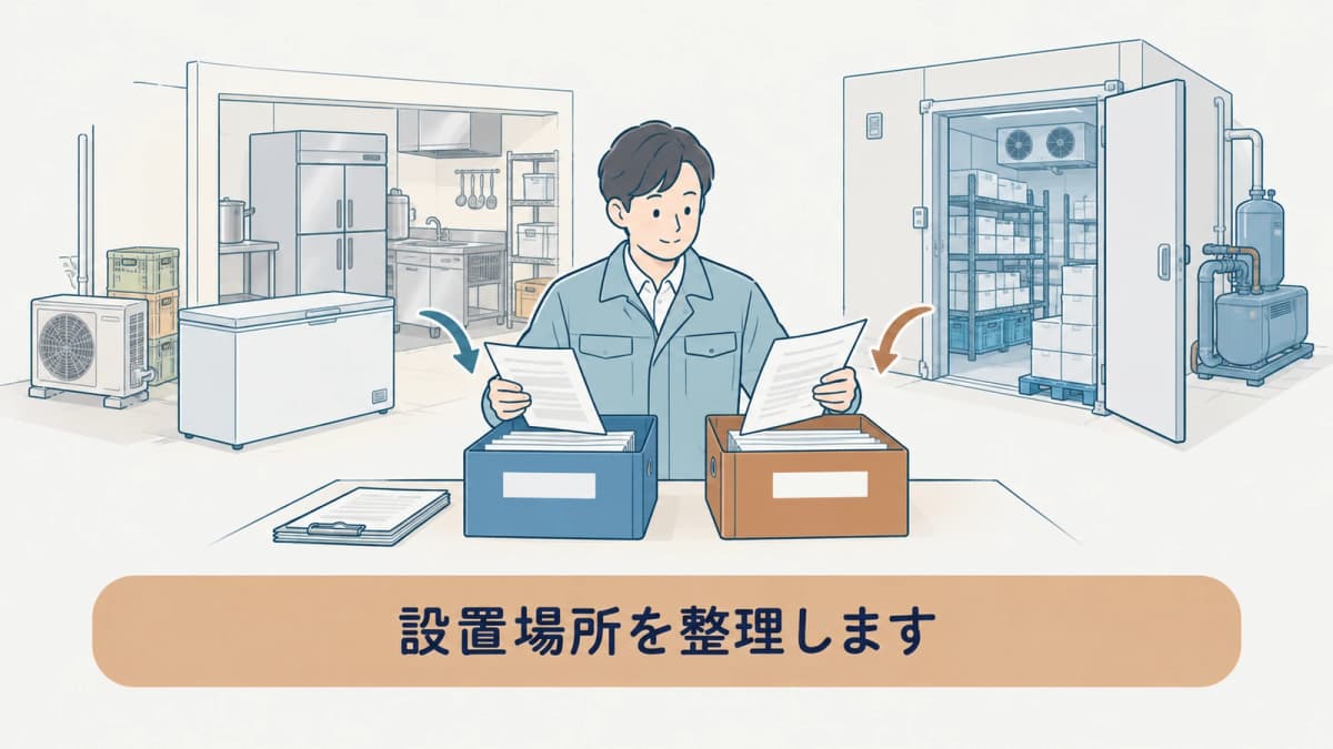 バックヤードと冷凍倉庫の冷凍庫を機器台帳で整理する図