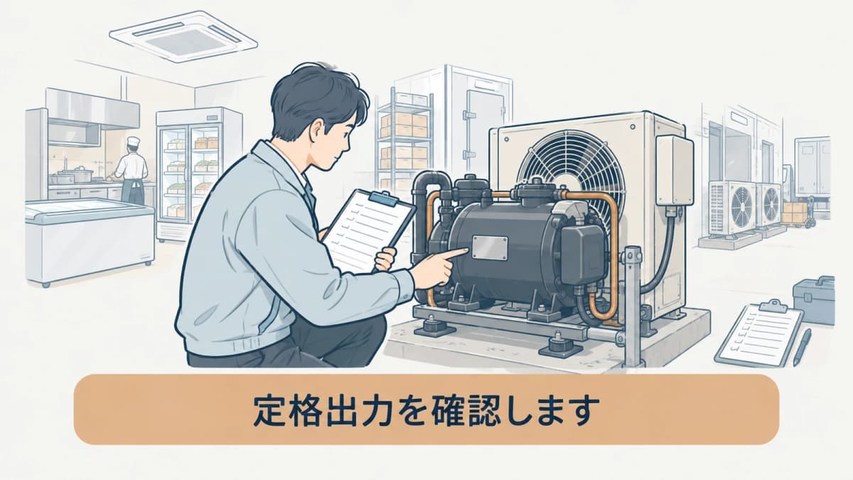 冷凍庫の圧縮機定格出力を銘板で確認する図