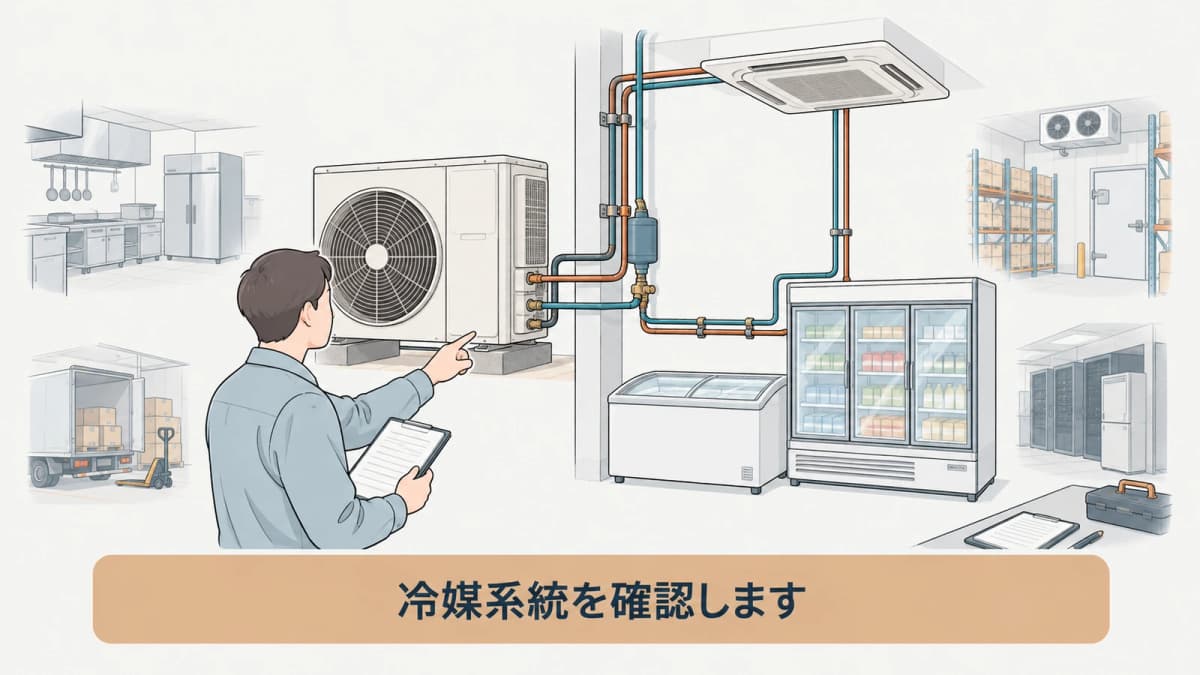 冷媒配管と機器構成を確認する管理者の図