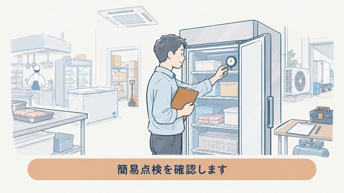 冷凍庫の外観、異常音、温度を確認する簡易点検の図