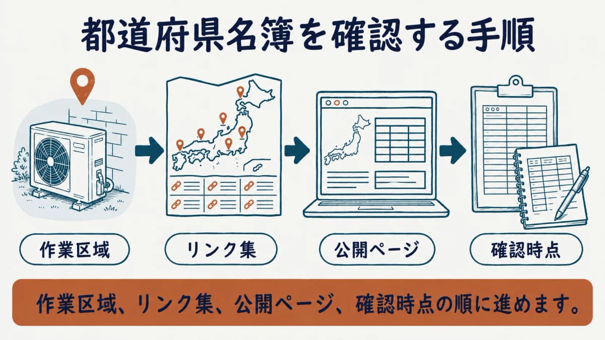 作業区域の確認から環境省のリンク集、都道府県名簿、記録までをたどる手順図