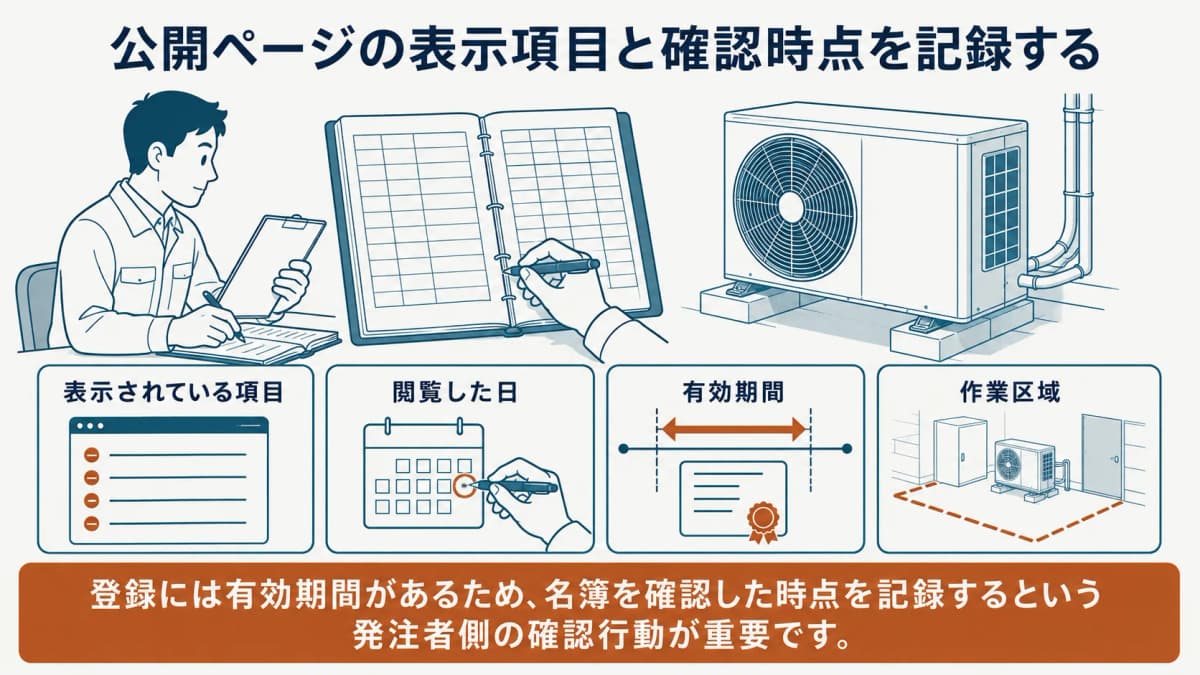 公開登録簿の表示内容と確認日を点検整備記録簿の横で記録する図