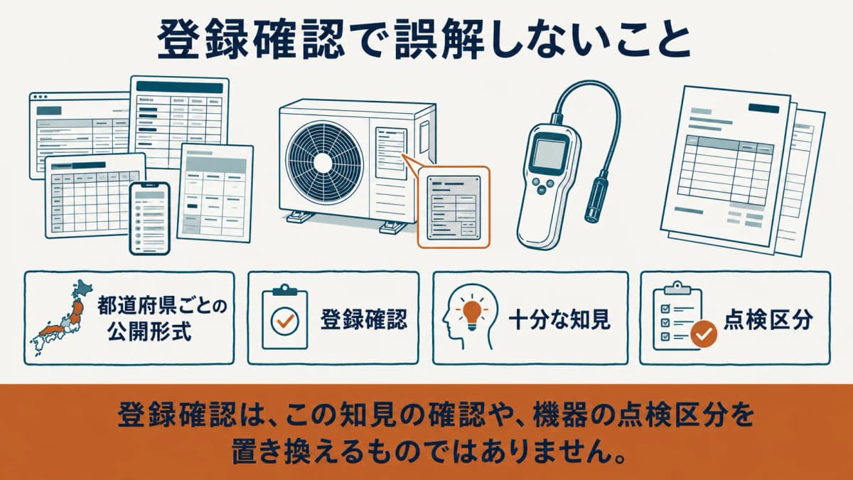 都道府県ごとに異なる名簿形式と、登録・知見・見積を分けて確認する図