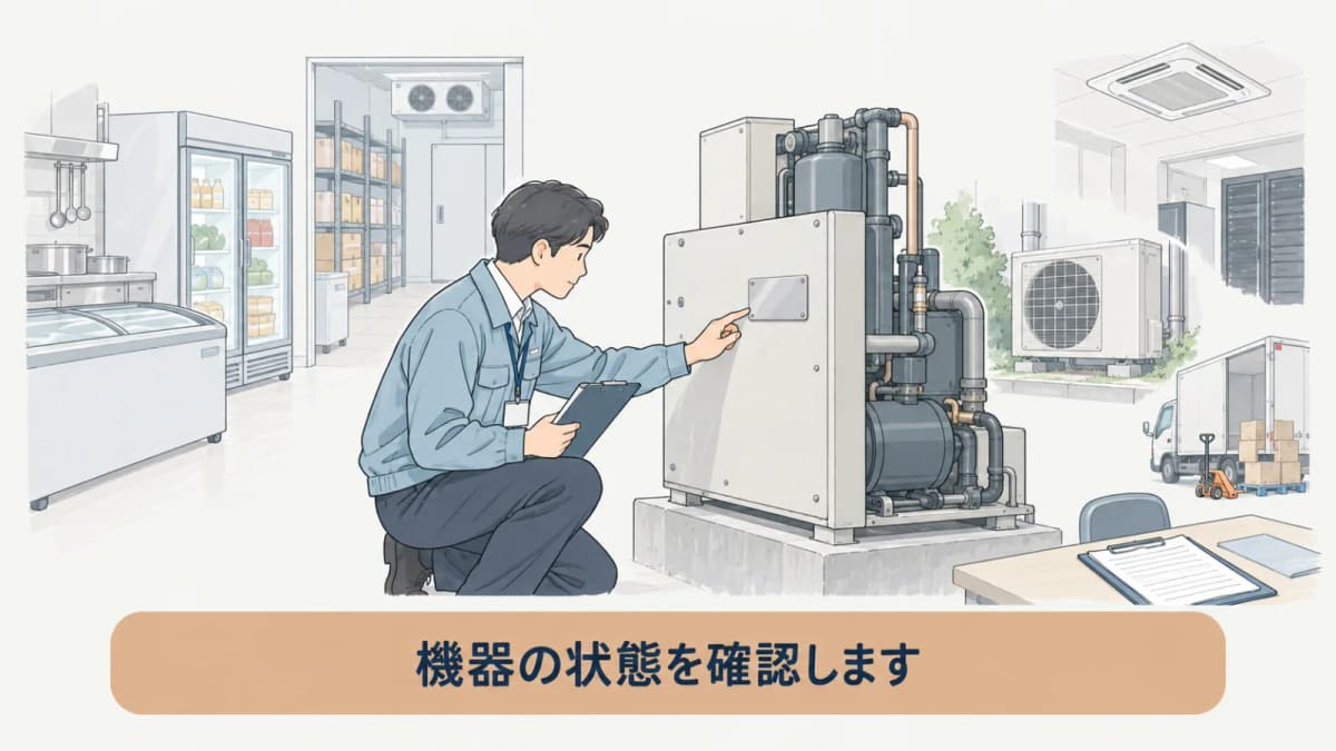 銘板と機器の冷媒状態を確認する場面の図
