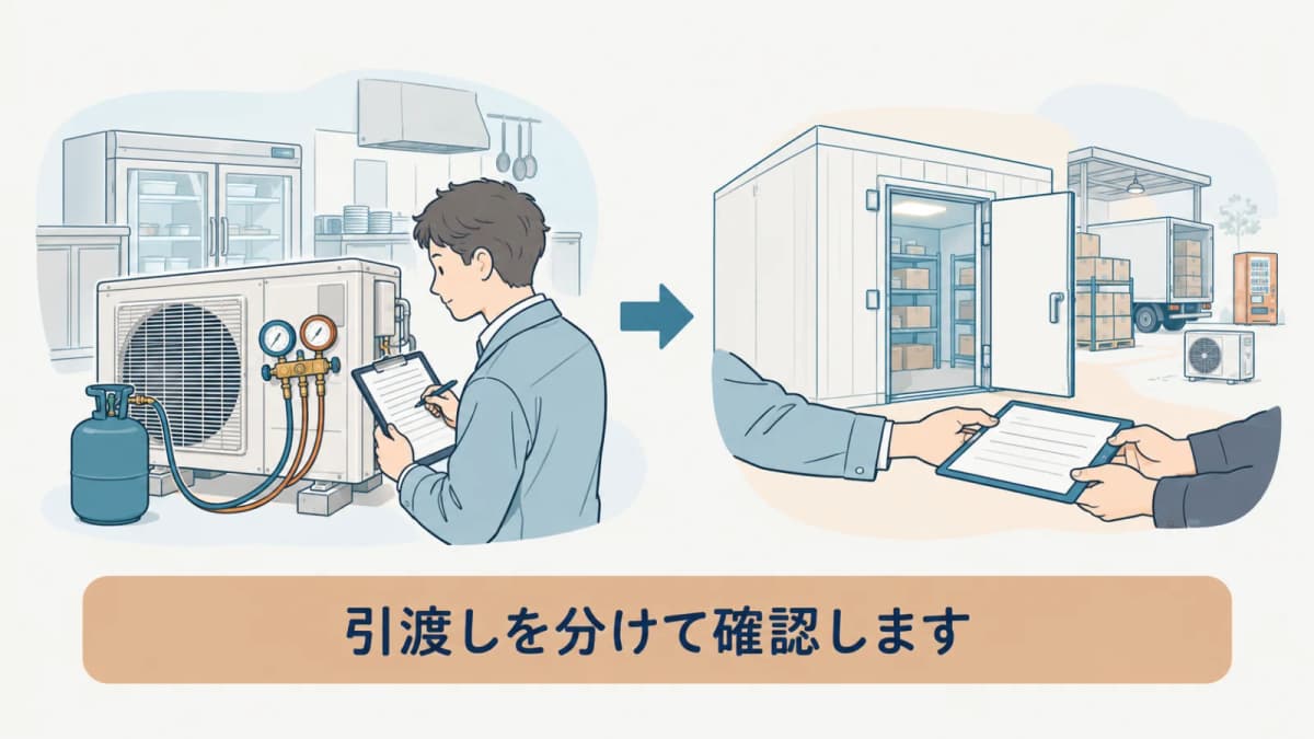 冷媒の確認と書類の確認を並べた手描き図