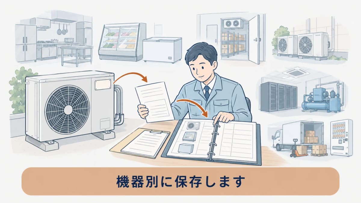 機器番号と保存書類をひも付ける一覧表の図