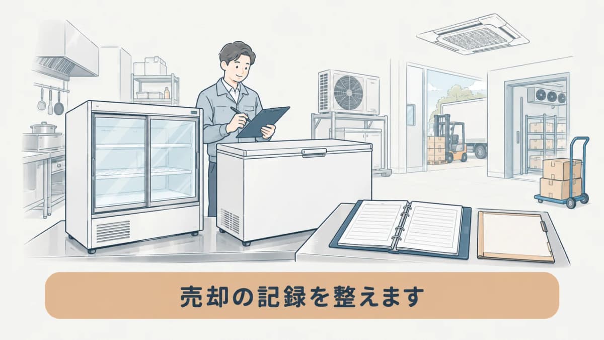 売却する業務用機器と点検整備記録簿を並べた手描き図