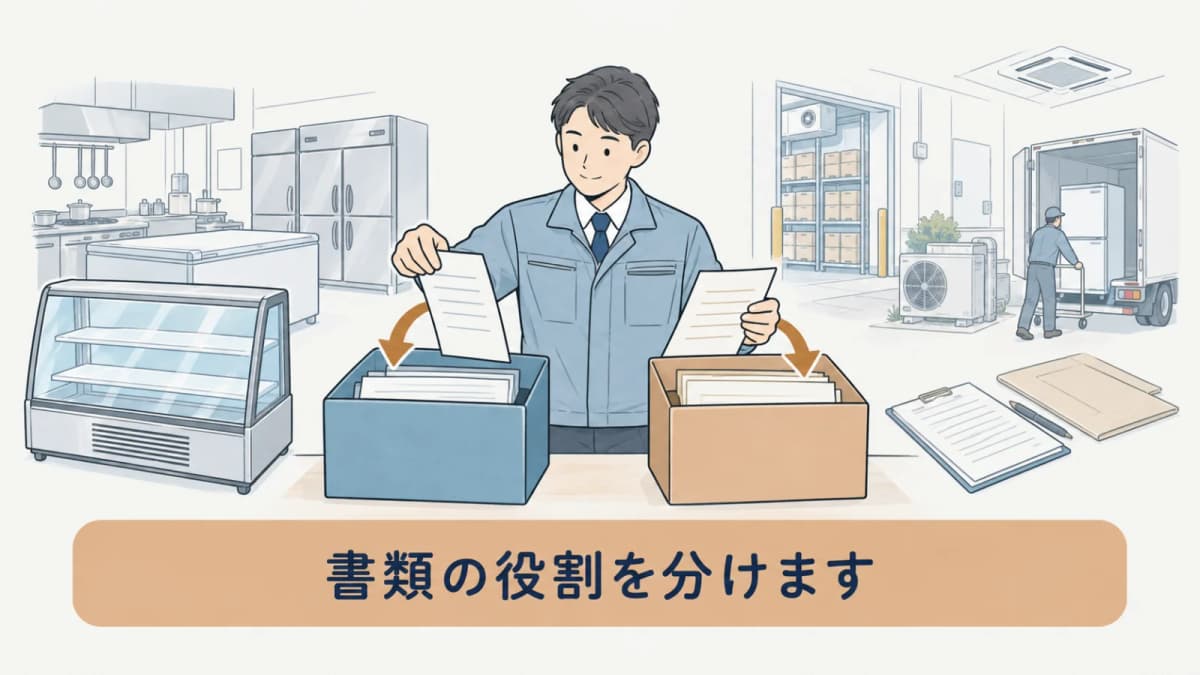 売却時の記録簿と廃棄時の引取証明書を分けた図
