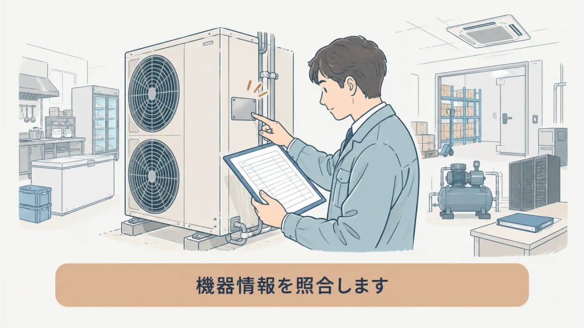 銘板情報と記録簿の機器番号を照合する図