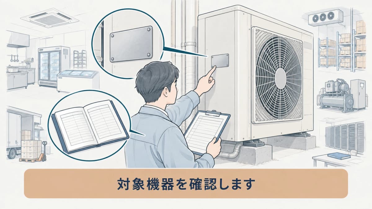 業務用エアコンの銘板と記録簿対象を確認する図