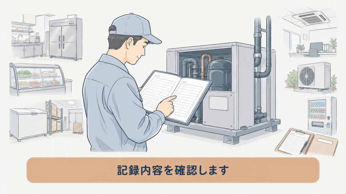 点検日、機器番号、整備履歴を記録簿で確認する図