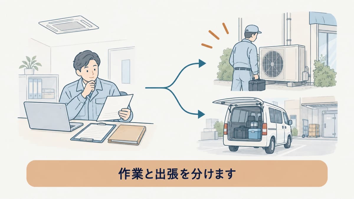 店舗の室外機へ向かう出張と点検作業を分けて示す手描き図