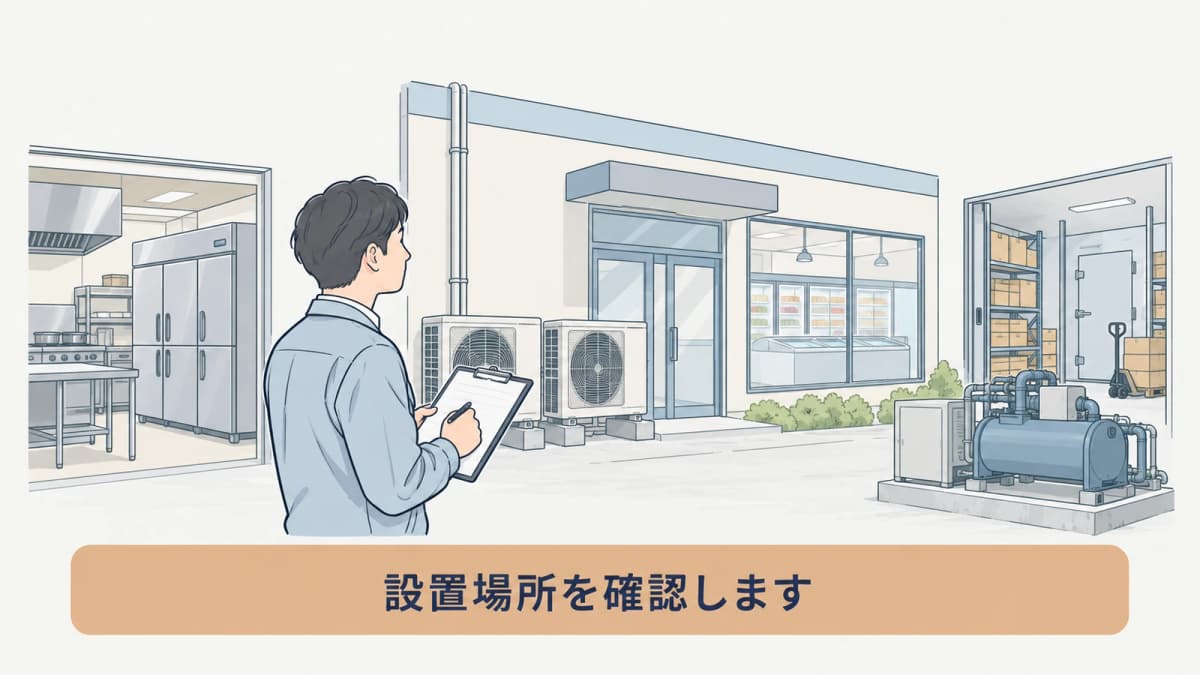 複数台の機器と設置住所を確認する管理者の図