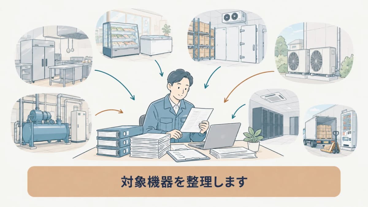 複数拠点の業務用機器と記録を集める管理者の手描き図