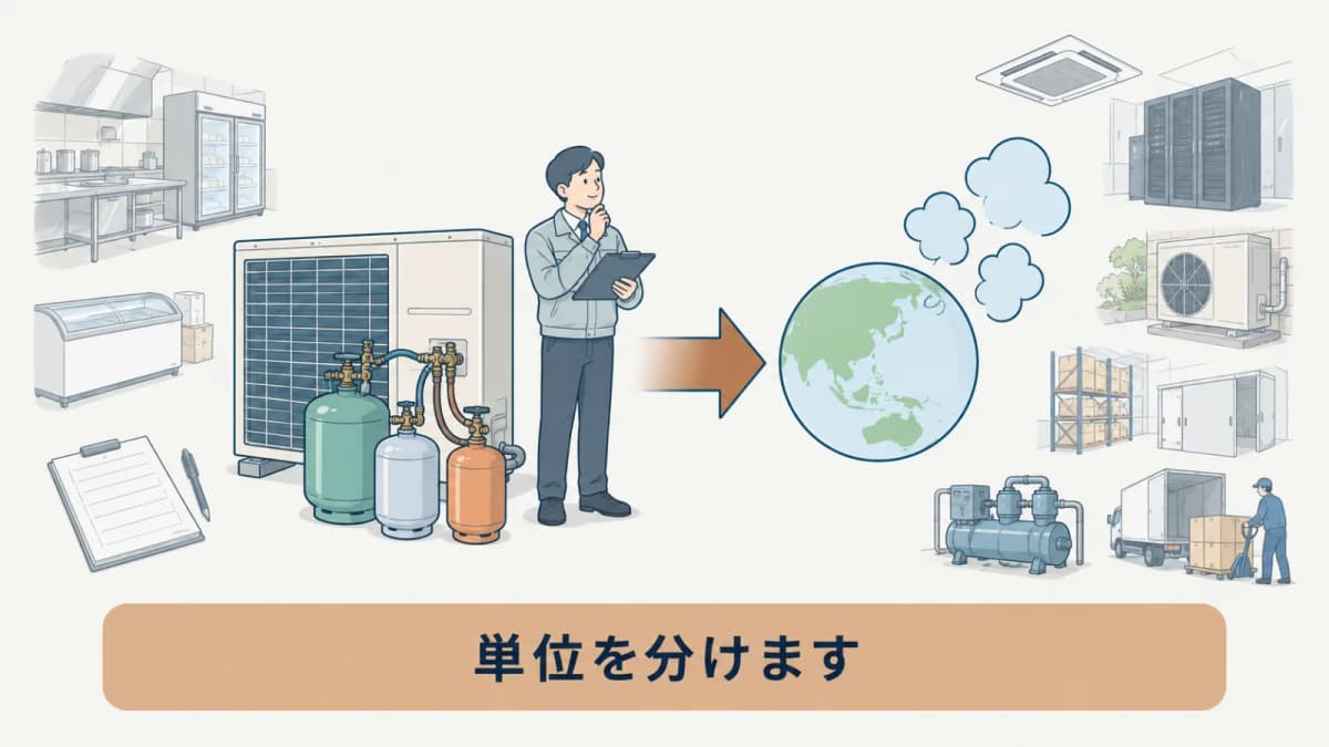 冷媒の重量からCO2換算量へ矢印で示す図