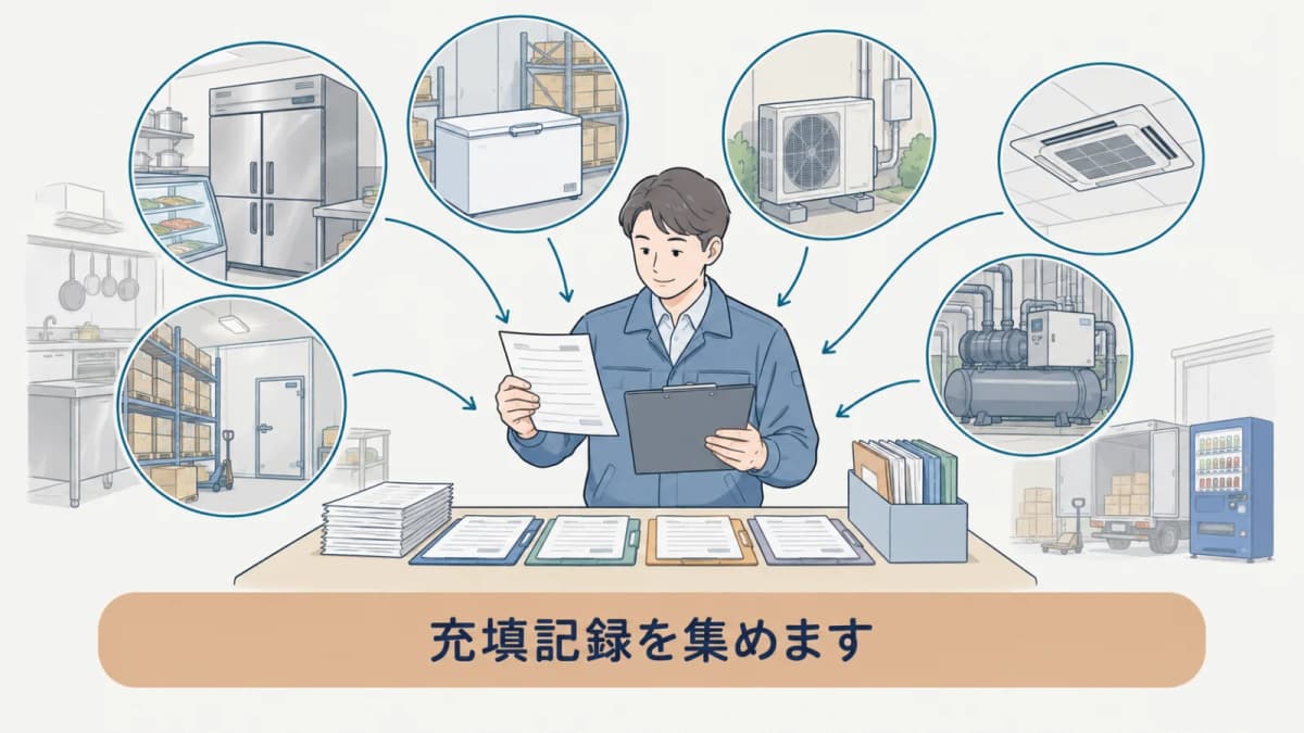 整備時の冷媒充塡量を機器別に記録する図