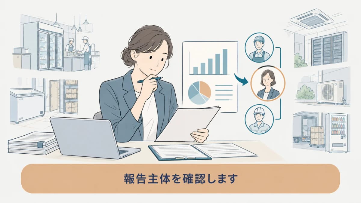 集計結果と報告主体を確認する管理者の手描き図