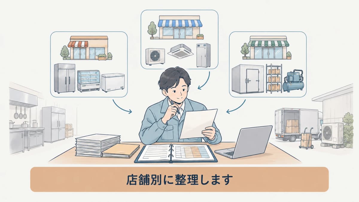店舗別、機器別、年度別に記録を整理する図