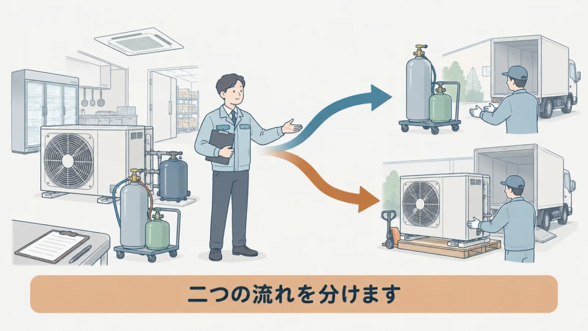 冷媒の引渡しと機器の引渡しを二つの流れで示す図