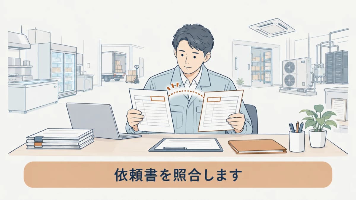 回収依頼書と引取証明書を日付で照合する管理者の手描き図