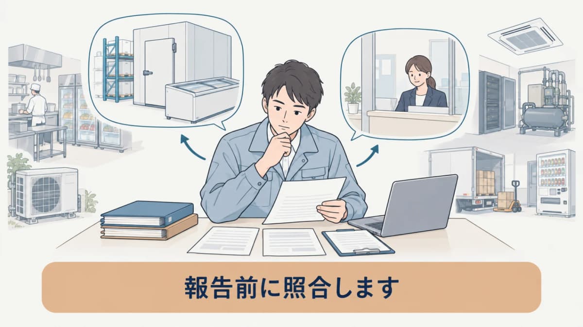 都道府県への報告前に書類を照合する管理者の図