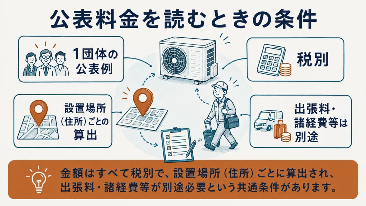 1団体の公表料金を台数、kW帯、住所ごとの算出、出張料の条件と一緒に読む図