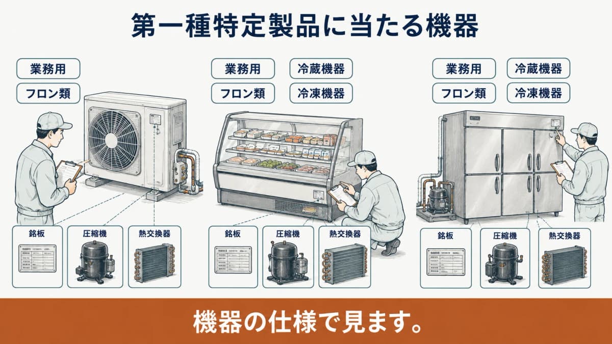 業務用エアコンの室外機と冷凍冷蔵ショーケースを仕様で確かめる図