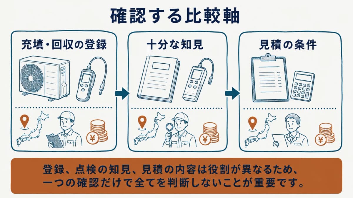 登録、十分な知見、見積条件を三つの確認軸として整理する図