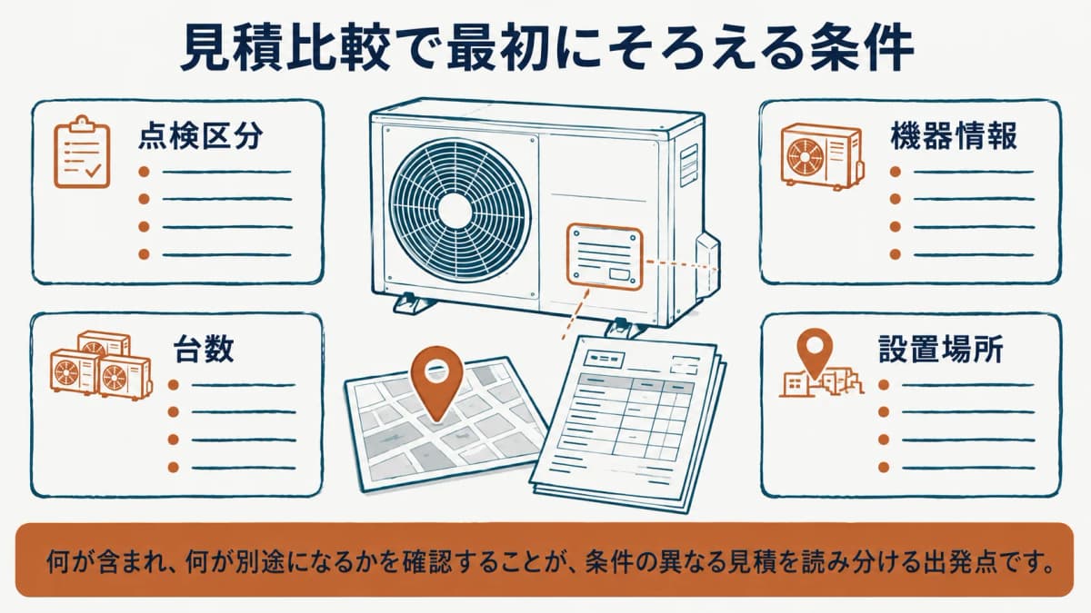 機器情報、点検区分、台数、設置場所を見積比較の前にそろえる図
