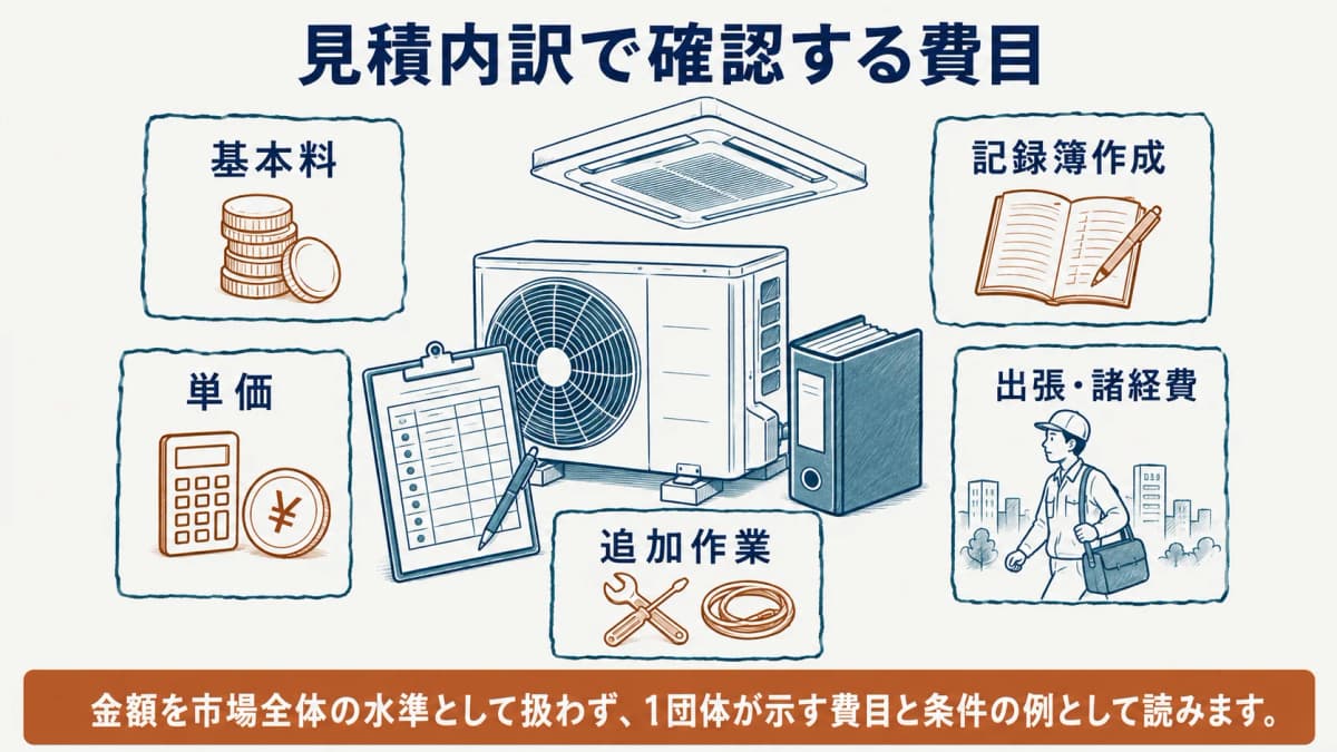 基本料、台数単価、記録簿作成、出張料、追加作業を見積内訳として分ける図