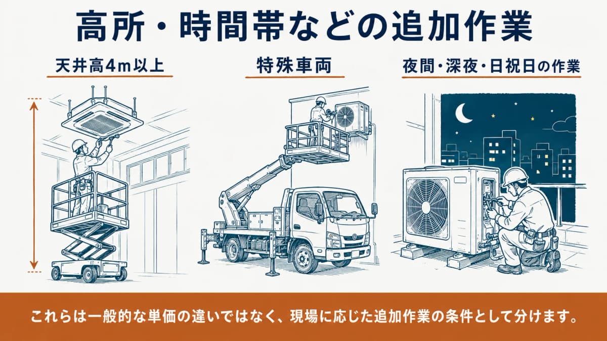 高所の天井カセット形室内機と夜間作業の条件を見積の追加作業として確認する図
