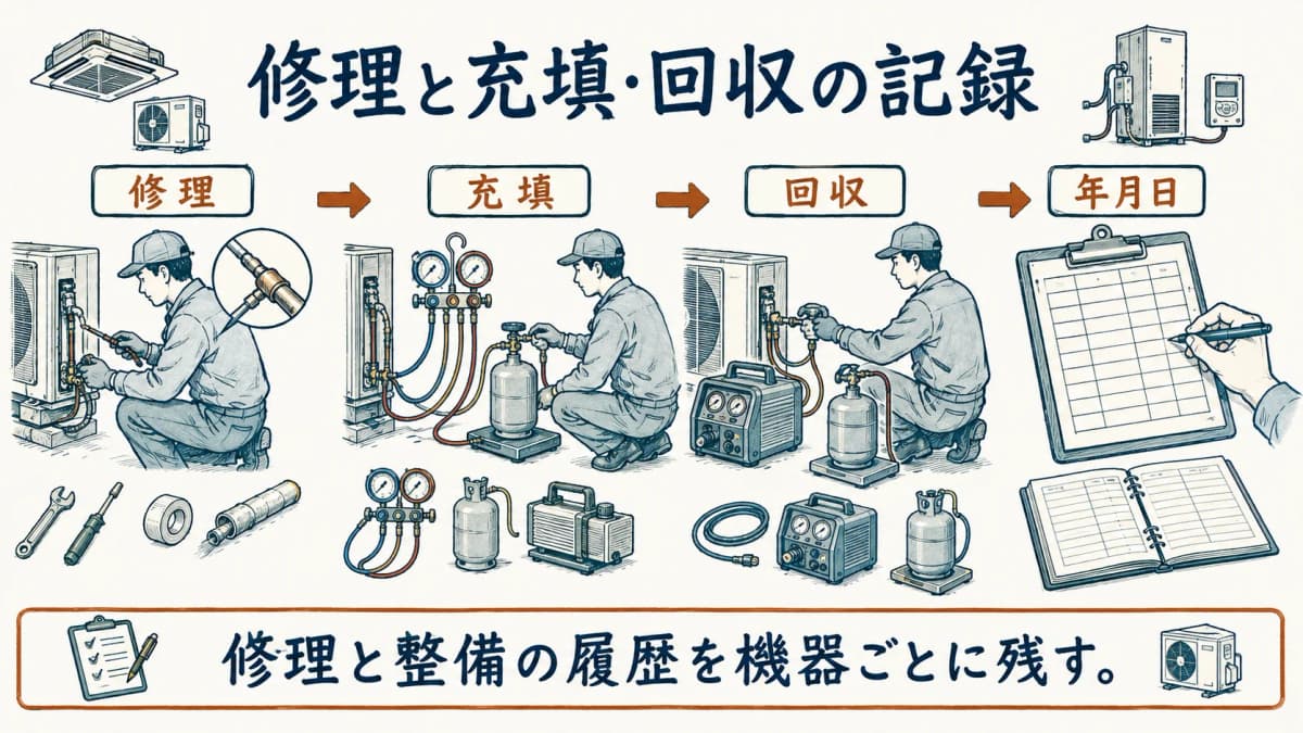 冷媒配管の修理と充塡回収の履歴を記録簿に残す図