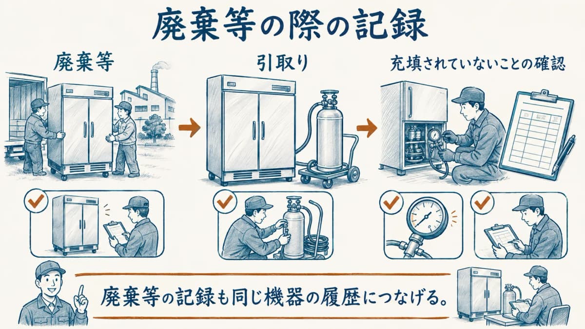 業務用冷凍冷蔵庫の廃棄時にフロン類の引取りを記録する図