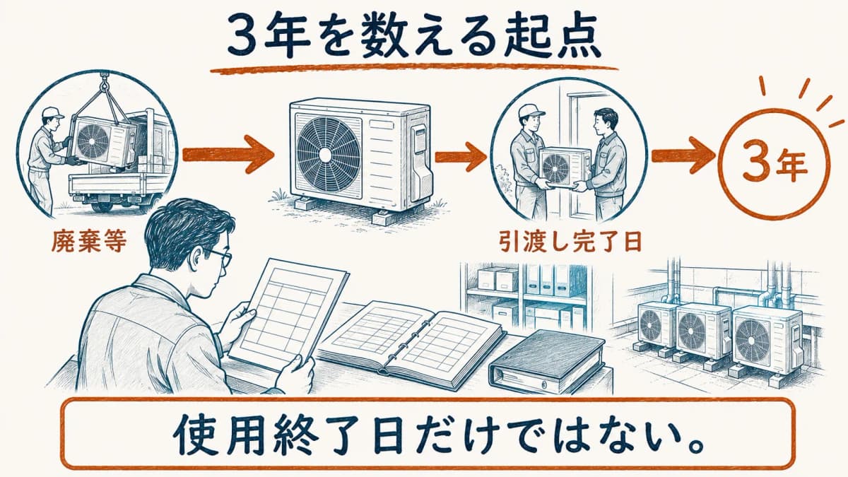 フロン類の引渡し完了日から3年を数える保存期間の図