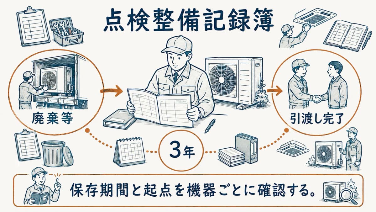 紙の点検整備記録簿と保存期間を確認する図