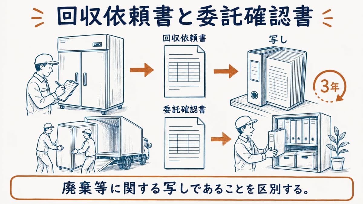 回収依頼書と委託確認書の写しを3年間保存する考え方を示す図