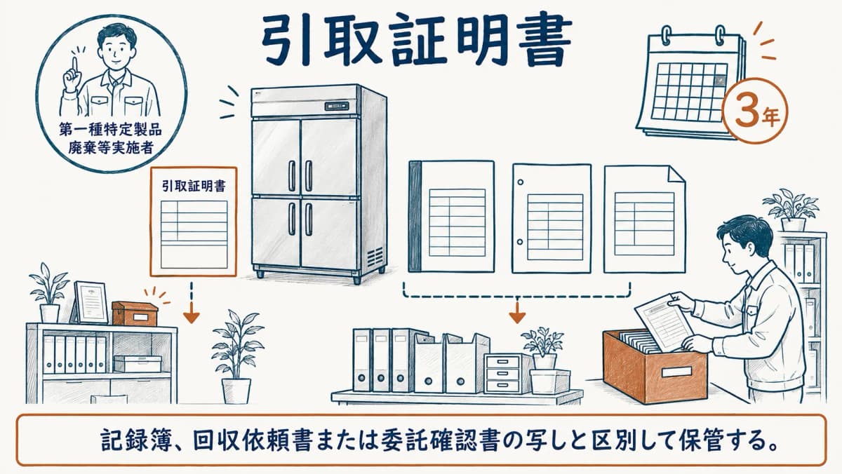 引取証明書と業務用冷凍冷蔵庫を結び付けて3年間保存する図