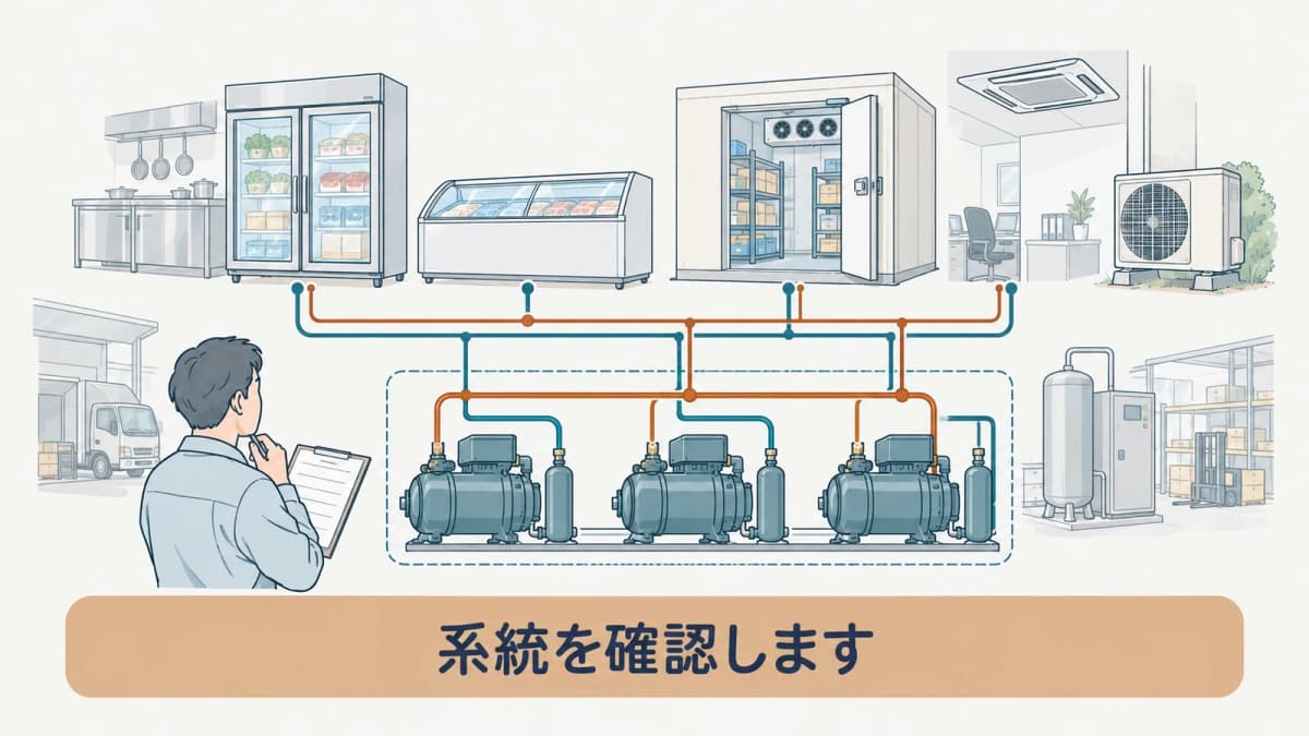 同じ冷媒系統に属する圧縮機を線で示す図