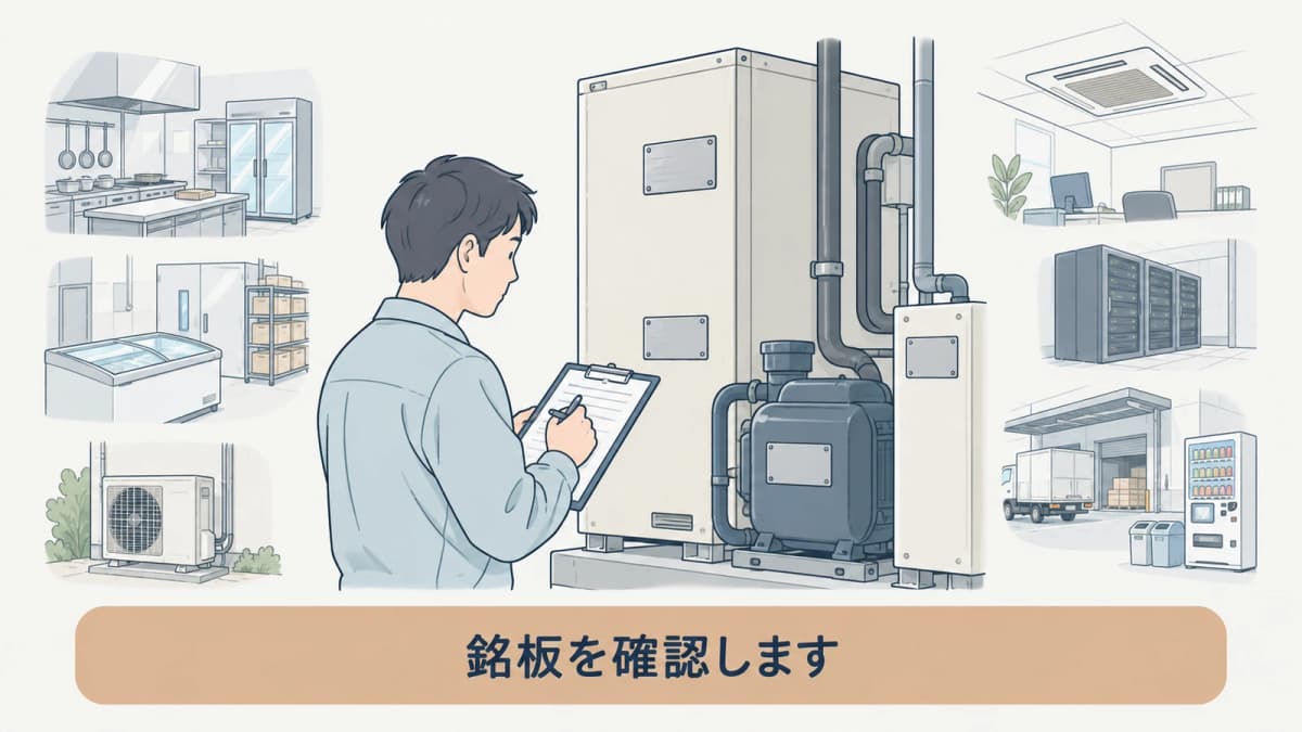 複数の銘板から定格出力を控える管理者の図