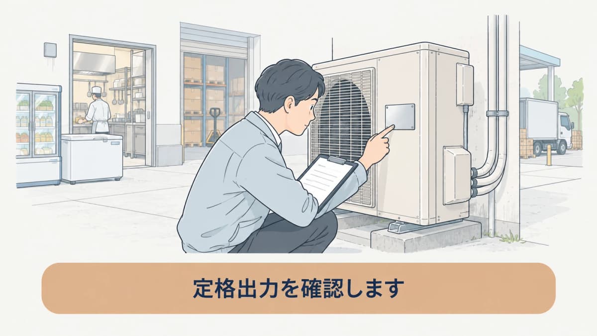 天井カセットの室外機銘板で型式と出力を見る図