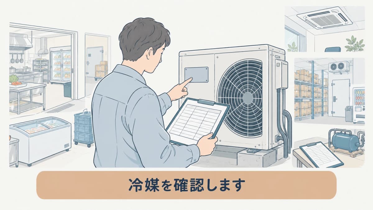 冷媒表示と機器台帳を照合する管理者の図