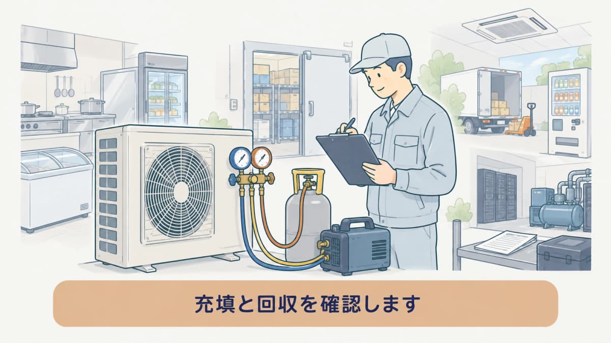 機器ごとの冷媒充塡量と回収量を集める手描き図
