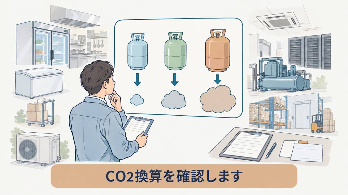冷媒種類ごとの実漏えい量をCO2換算する図