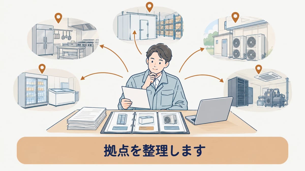 複数拠点の機器管理番号と記録を整理する図
