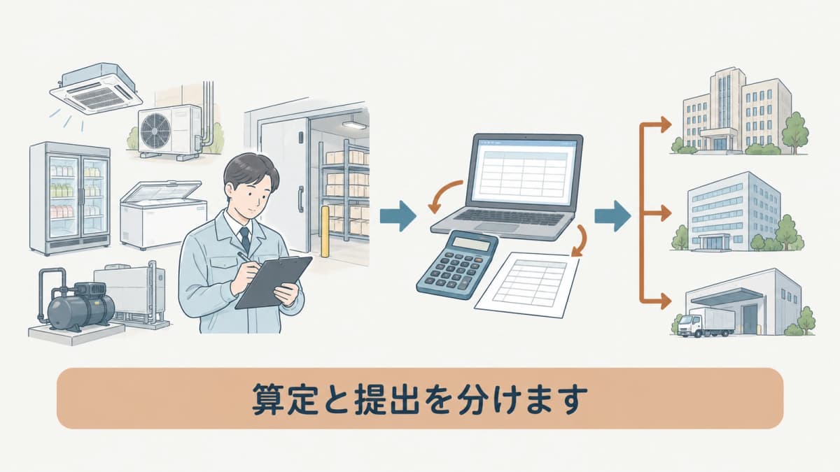 記録、算定、報告書、提出先を分けた手描き図